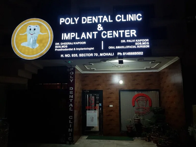 Poly Dental Clinic & Implant Centre exterior signage at Sector 70, Mohali