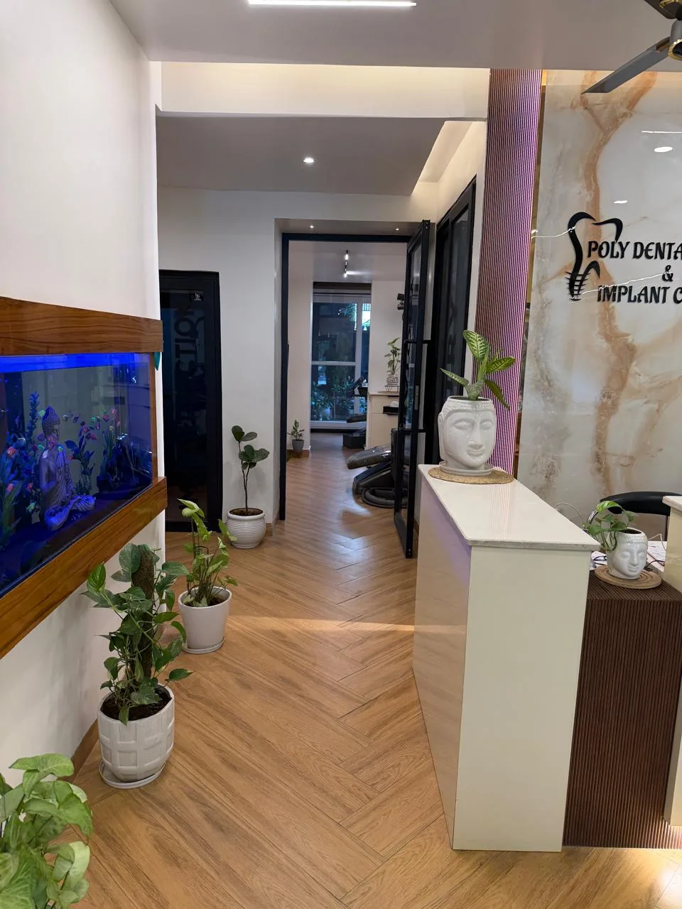 Corridor with feature aquarium leading to the operatory at Poly Dental Clinic & Implant Centre Mohali